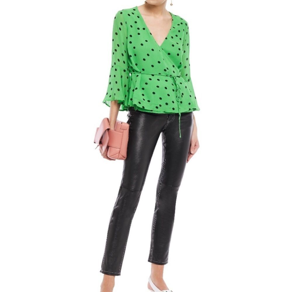 Ganni Dainty Georgette Wrap Tie Waist Emerald Green Wrap Blouse New Size 38